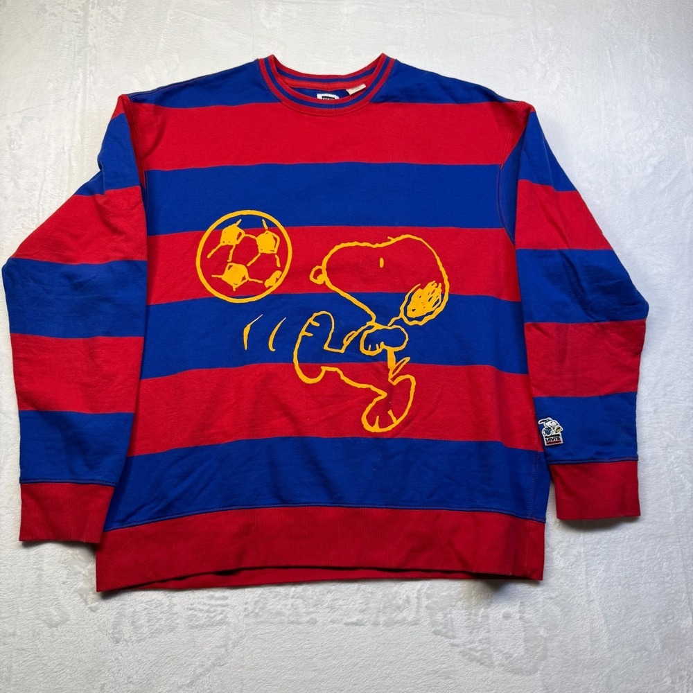 Mens Levis x Peanuts Snoopy Soccer Striped Sweatshirt Red Blue Large